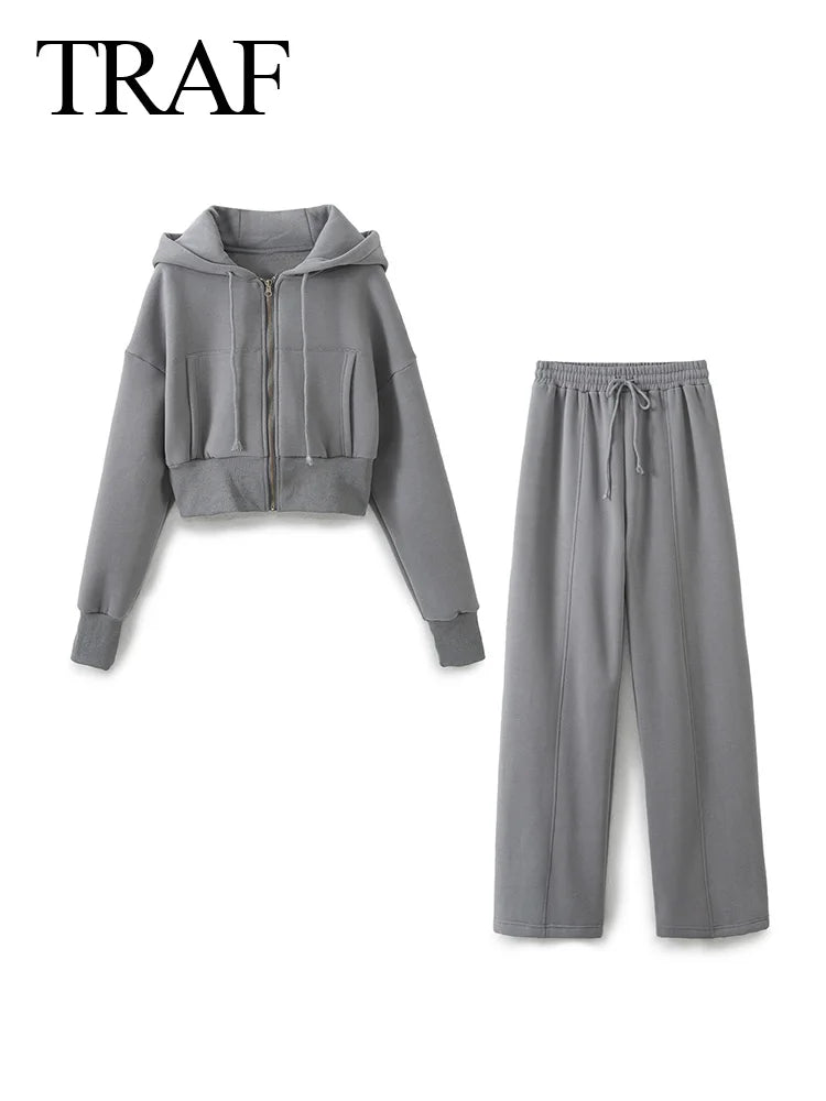 TRAF 2024 Spring Female Casual Hoodies Zipper Coats+Elastic Waist Baggy Pants 2 Pieces Set Elegant Loose Solid Pink Grey Pants