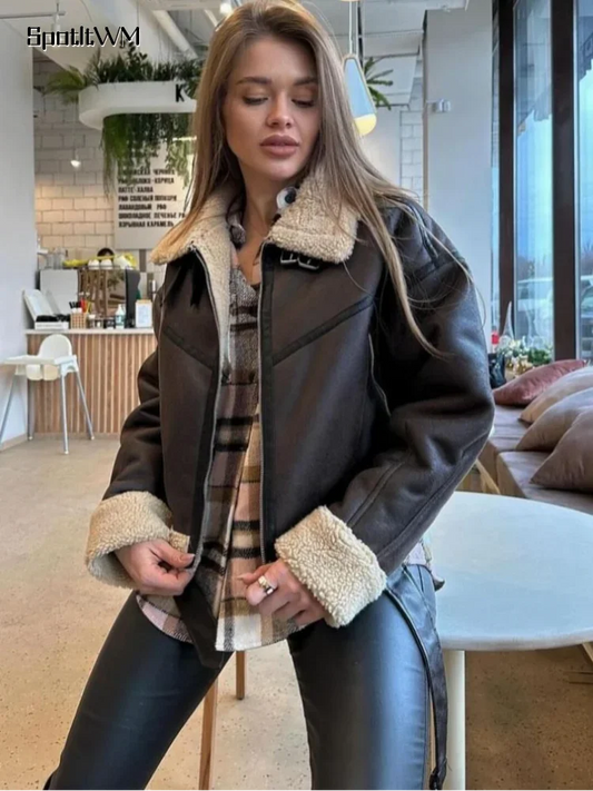 Khaki Teddy Neck Patchwork Faux Leather Jacket With Belt Women Warm Lapel Zipper Coats Fashion Fall Winter High Street Outerwear