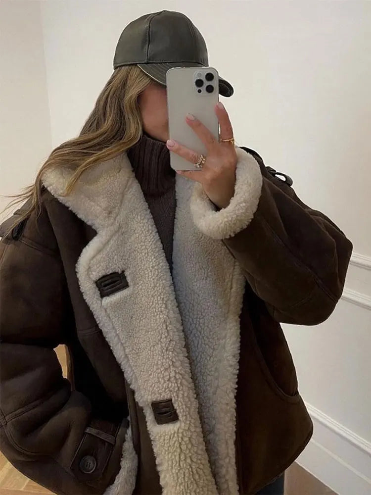 Vintage Khaki Faux Leather Warm Thick Fluffy Coat fashion Long Sleeve Big Lapel Single Button Outerwear 2024 Winter Lady Jacket