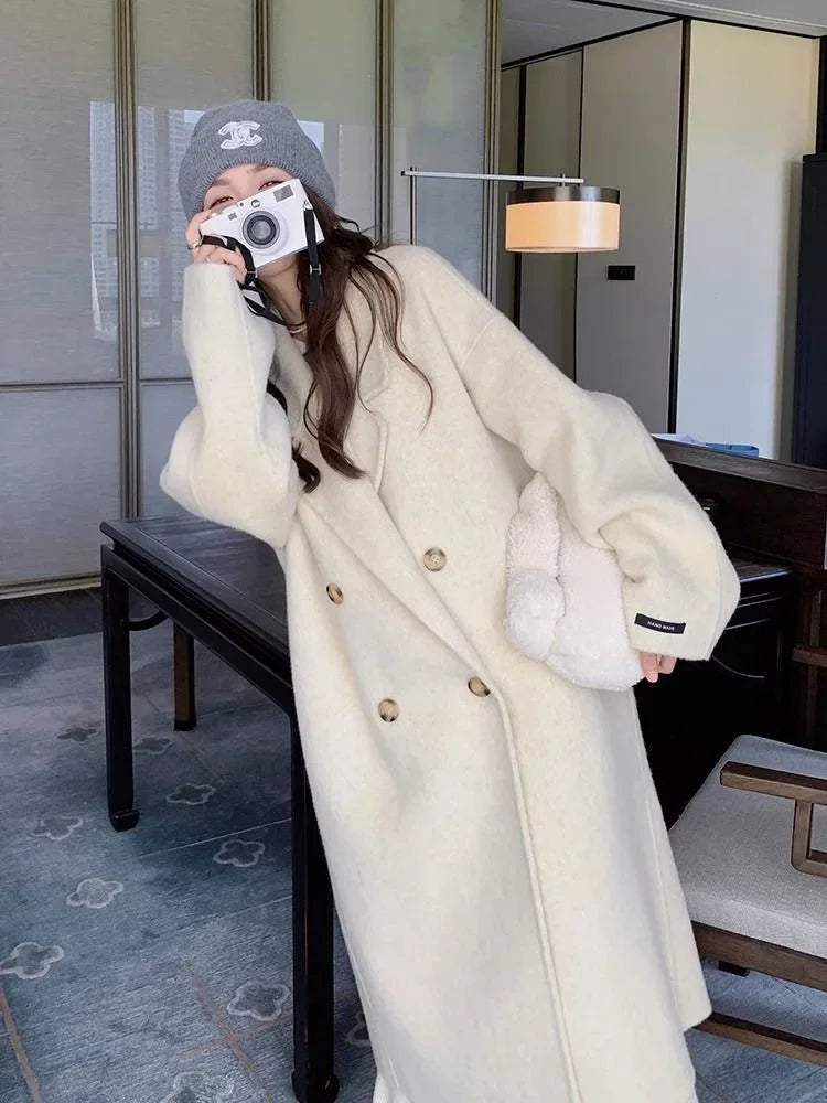 Trendy Loose-fit Wheat Color Woolen Jacket For Women Autumn/winter 2023 New Style Overcoat Korean Fashionable Knee-length Coat