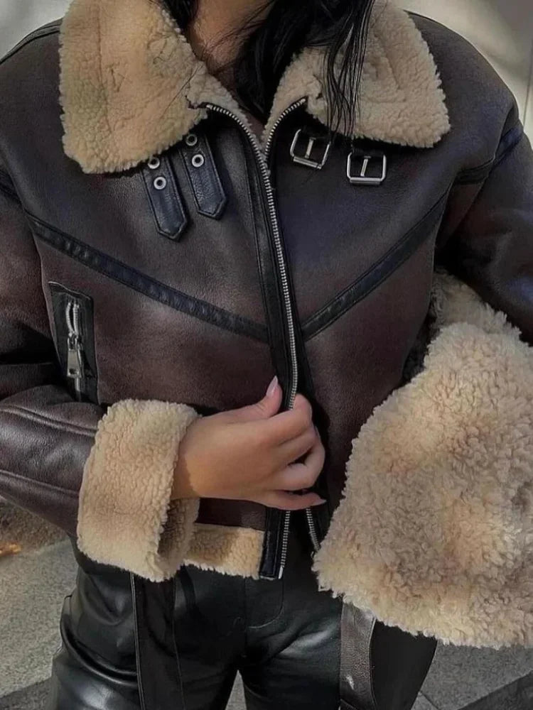 Khaki Teddy Neck Patchwork Faux Leather Jacket With Belt Women Warm Lapel Zipper Coats Fashion Fall Winter High Street Outerwear