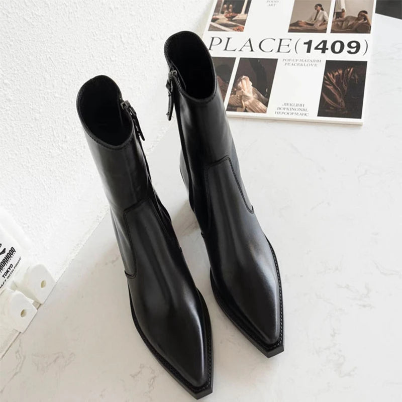 2023 New High Heels Women Short Boots Elegant Pointed Toe Office Lady Shoes Woman Genuine Leather Side Zipper Autumn Winter