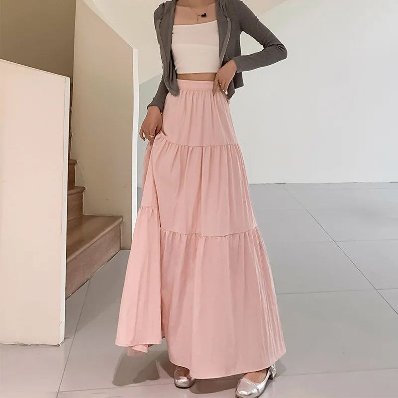 New White Long Skirts for Women Summer Y2k Clothes Korean Fashion High Waist Harajuku Elegant Casual Dance Pink Skirt Woman 2024