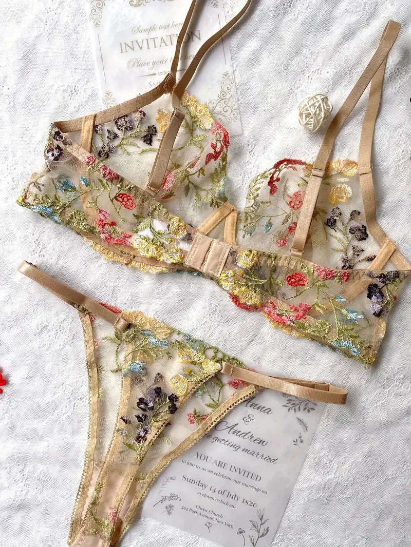 Yimunancy Floral Embroidery Lingerie Set Women Sheer 2-Piece Boho Bra + Panty Underwear Set Intimates