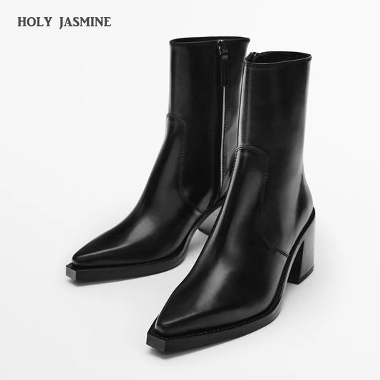 2023 New High Heels Women Short Boots Elegant Pointed Toe Office Lady Shoes Woman Genuine Leather Side Zipper Autumn Winter