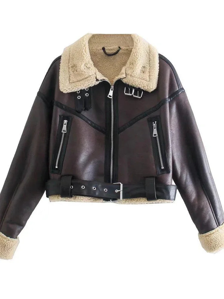 Khaki Teddy Neck Patchwork Faux Leather Jacket With Belt Women Warm Lapel Zipper Coats Fashion Fall Winter High Street Outerwear