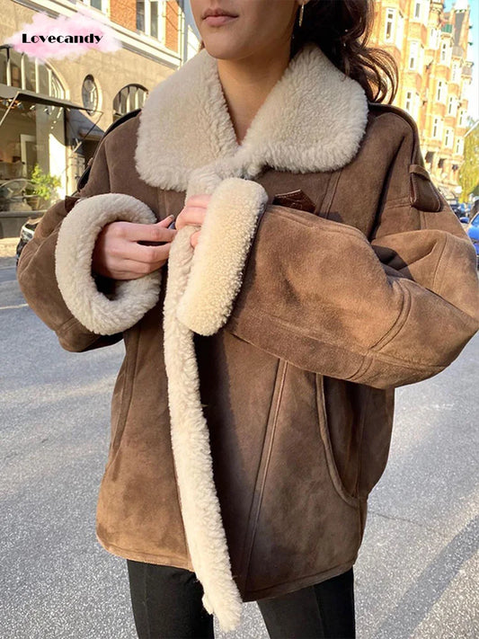 Vintage Khaki Faux Leather Warm Thick Fluffy Coat fashion Long Sleeve Big Lapel Single Button Outerwear 2024 Winter Lady Jacket