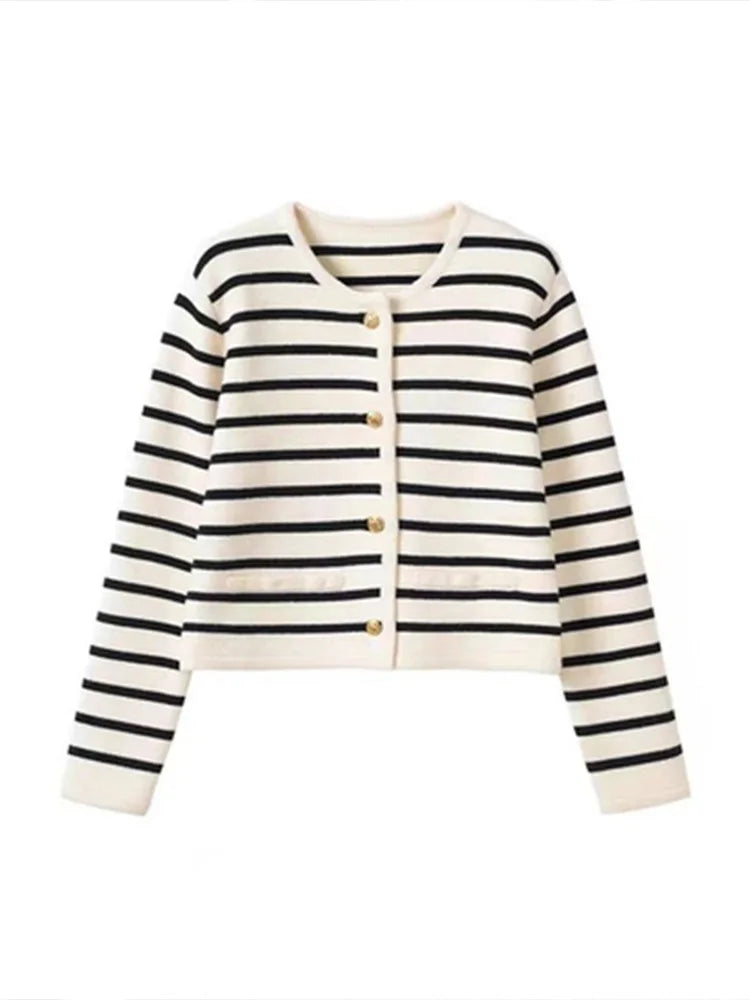 Women Spring Autumn Sweaters O-neck Stripe Knitted Cardigan Fashion Long Sleeve Casual Short Tops Korean Style New