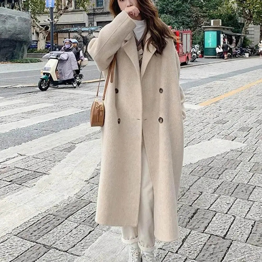 Women's Coat Double-Breasted Lapel Fashion Warm Mid-Length Double Pockets Winter Coat Women Clothing