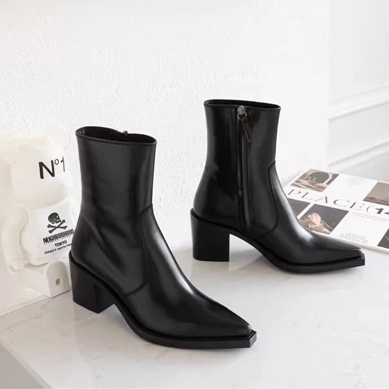 2023 New High Heels Women Short Boots Elegant Pointed Toe Office Lady Shoes Woman Genuine Leather Side Zipper Autumn Winter