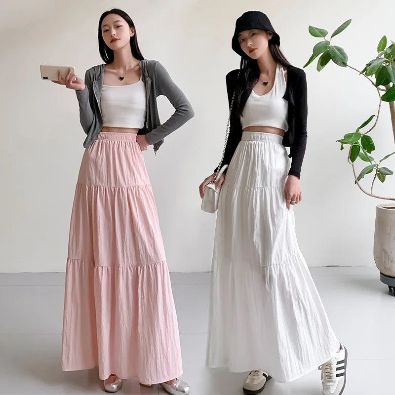 New White Long Skirts for Women Summer Y2k Clothes Korean Fashion High Waist Harajuku Elegant Casual Dance Pink Skirt Woman 2024