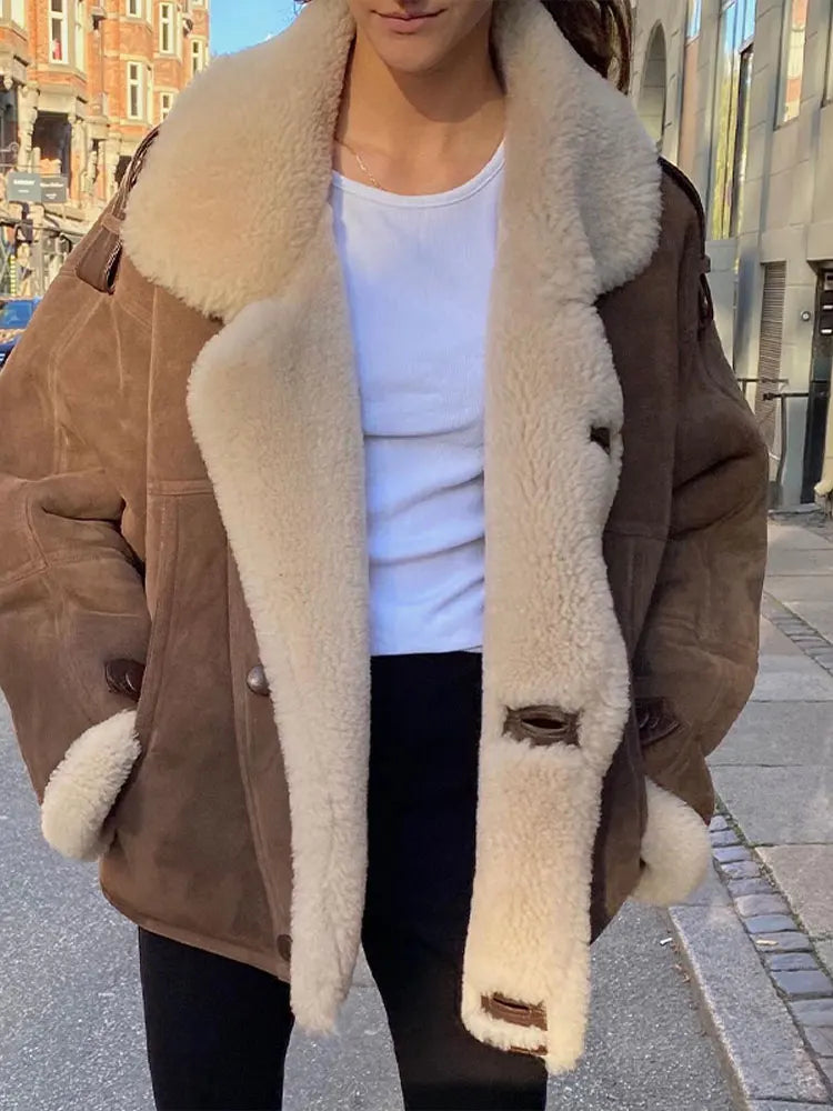 Vintage Khaki Faux Leather Warm Thick Fluffy Coat fashion Long Sleeve Big Lapel Single Button Outerwear 2024 Winter Lady Jacket