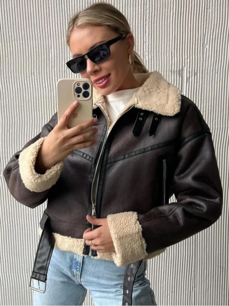 Khaki Teddy Neck Patchwork Faux Leather Jacket With Belt Women Warm Lapel Zipper Coats Fashion Fall Winter High Street Outerwear