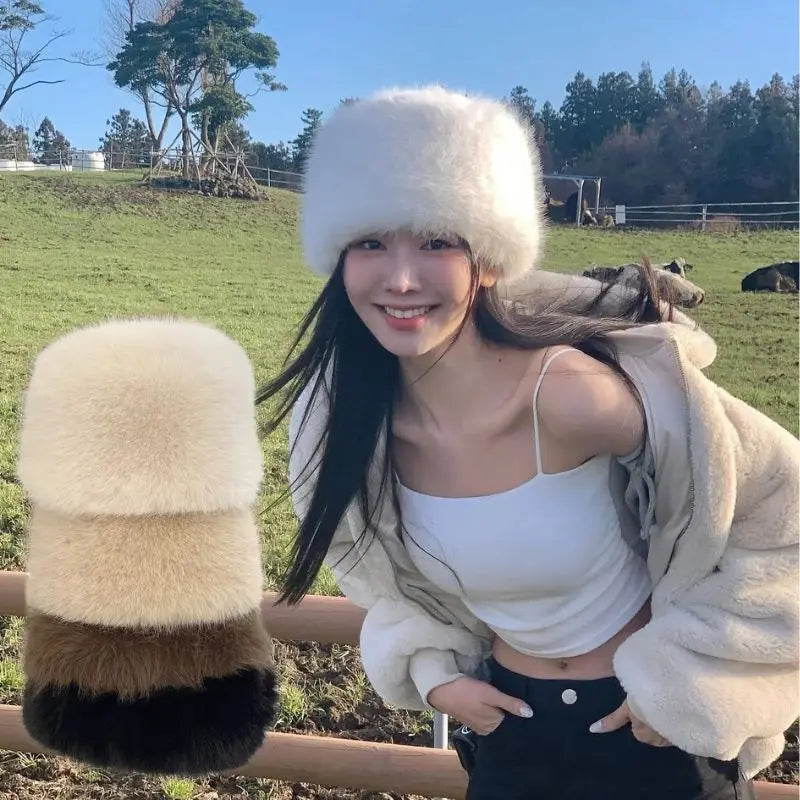 1pc Hat Women's Winter Artificial Fur Russian Ushanka Hat Thick Warm Balaclava Caps Earflap Faux Fox Beanies For Ladies Outdoor