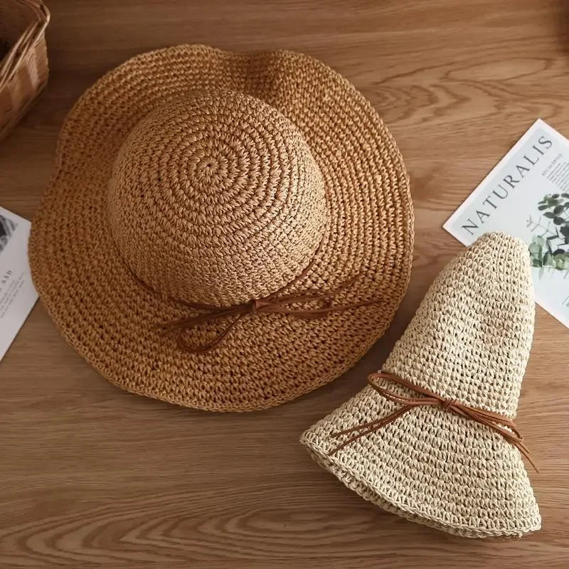 Beach Hats Adults Female Sunscreen Cap Simple Women Straw Hats Summer Sun Hats for Women Lady Folding Bow Travel Caps Female