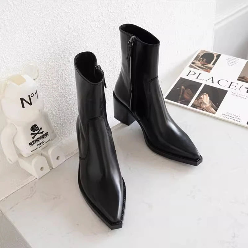 2023 New High Heels Women Short Boots Elegant Pointed Toe Office Lady Shoes Woman Genuine Leather Side Zipper Autumn Winter