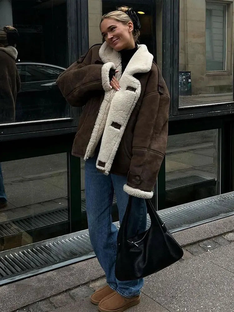 Vintage Khaki Faux Leather Warm Thick Fluffy Coat fashion Long Sleeve Big Lapel Single Button Outerwear 2024 Winter Lady Jacket