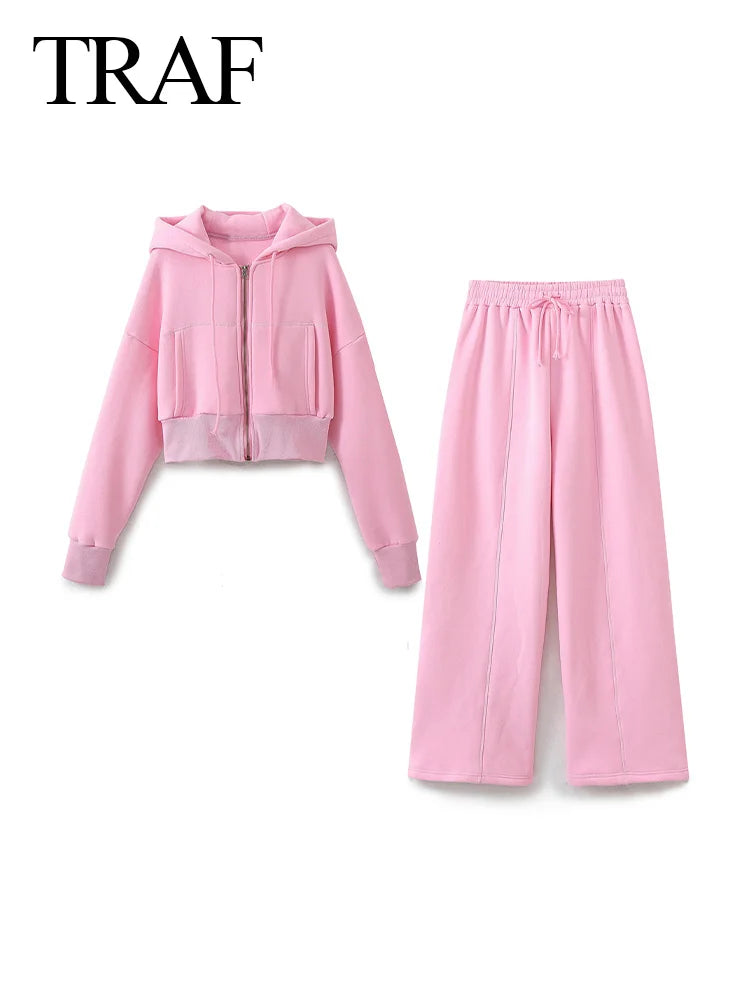 TRAF 2024 Spring Female Casual Hoodies Zipper Coats+Elastic Waist Baggy Pants 2 Pieces Set Elegant Loose Solid Pink Grey Pants