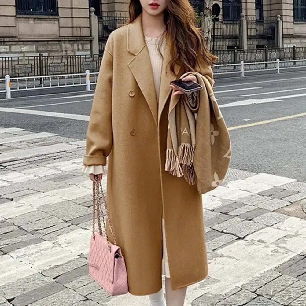 Women's Coat Double-Breasted Lapel Fashion Warm Mid-Length Double Pockets Winter Coat Women Clothing