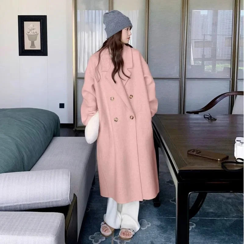 Trendy Loose-fit Wheat Color Woolen Jacket For Women Autumn/winter 2023 New Style Overcoat Korean Fashionable Knee-length Coat